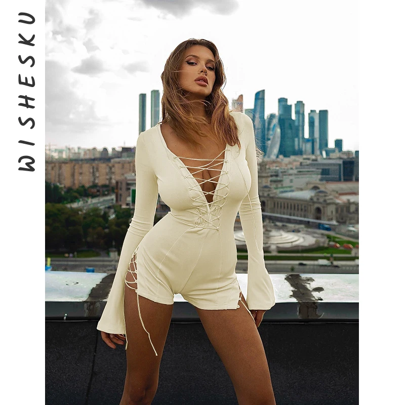 

Sexy Lace-up Hollow Out Sexy Club Women Playsuits Long Sleeve Sheath Fashion Deep V Neck Shorts Jumpsuits Female Solid Tops Tees