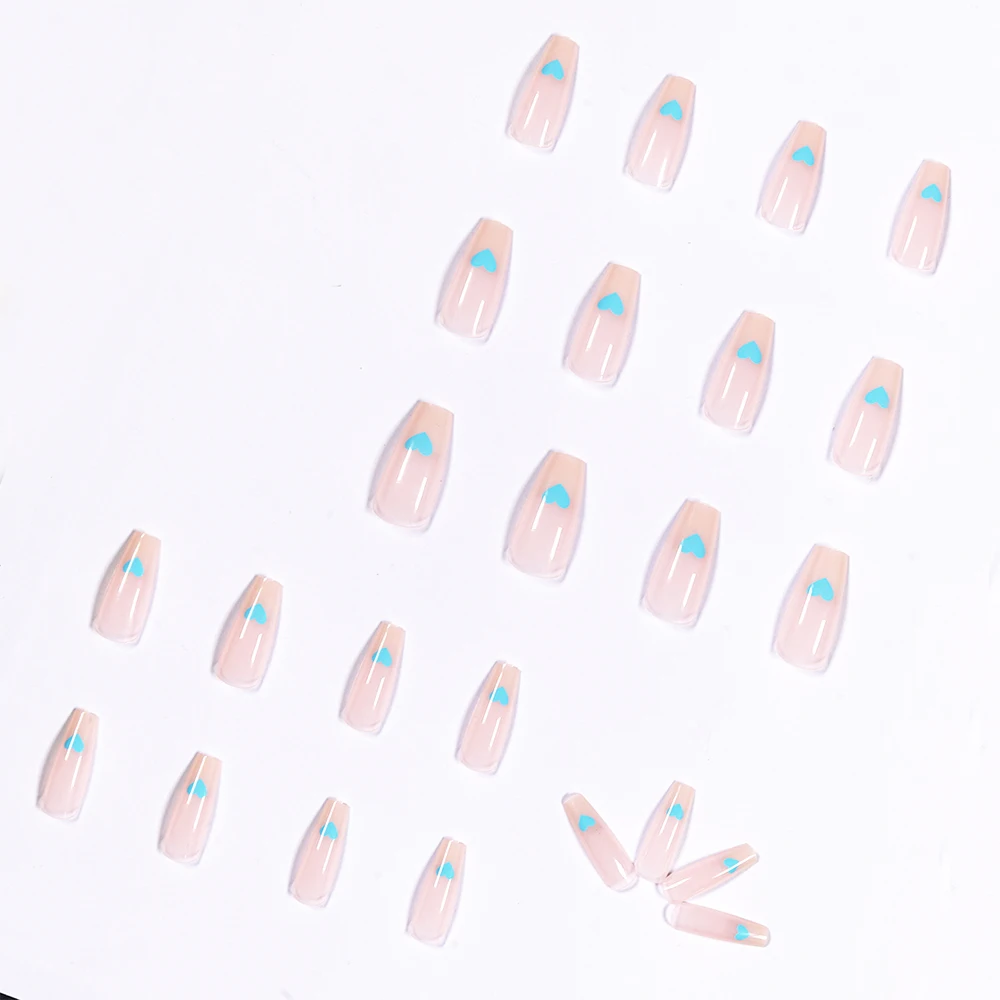 JP1078 QTCJ 24Pcs Translucent Light Blue Little Sweetheart Model Wears Nail Art Finished Fake Nail Patches Detachable Nail Patch