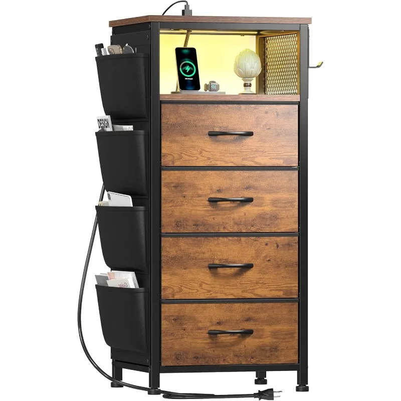 

Nightstand with charging station and LEDlight Modern bedroom nightstand Tall nightstand with dresser drawers and storage shelves