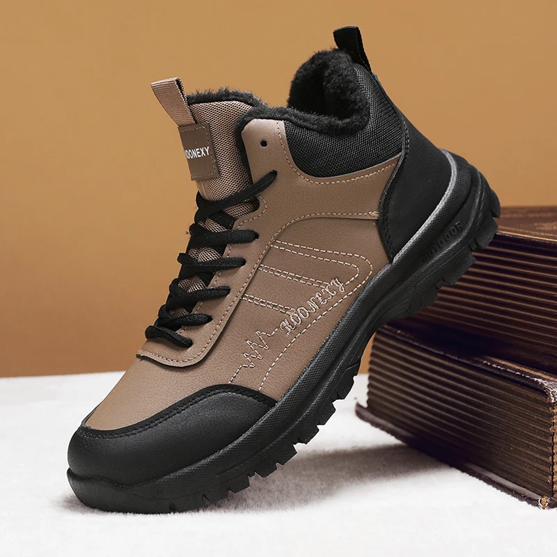 

Winter men's mid top warm and plush snow cotton shoes, thick soled sports and leisure shoes