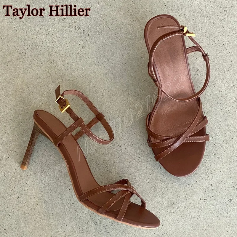 

Summer Retro Brown Open Toe Mules Round Head Stiletto Buckle Strap Dinner Women Shoes Elegant Casual Party High Heels Gladiator