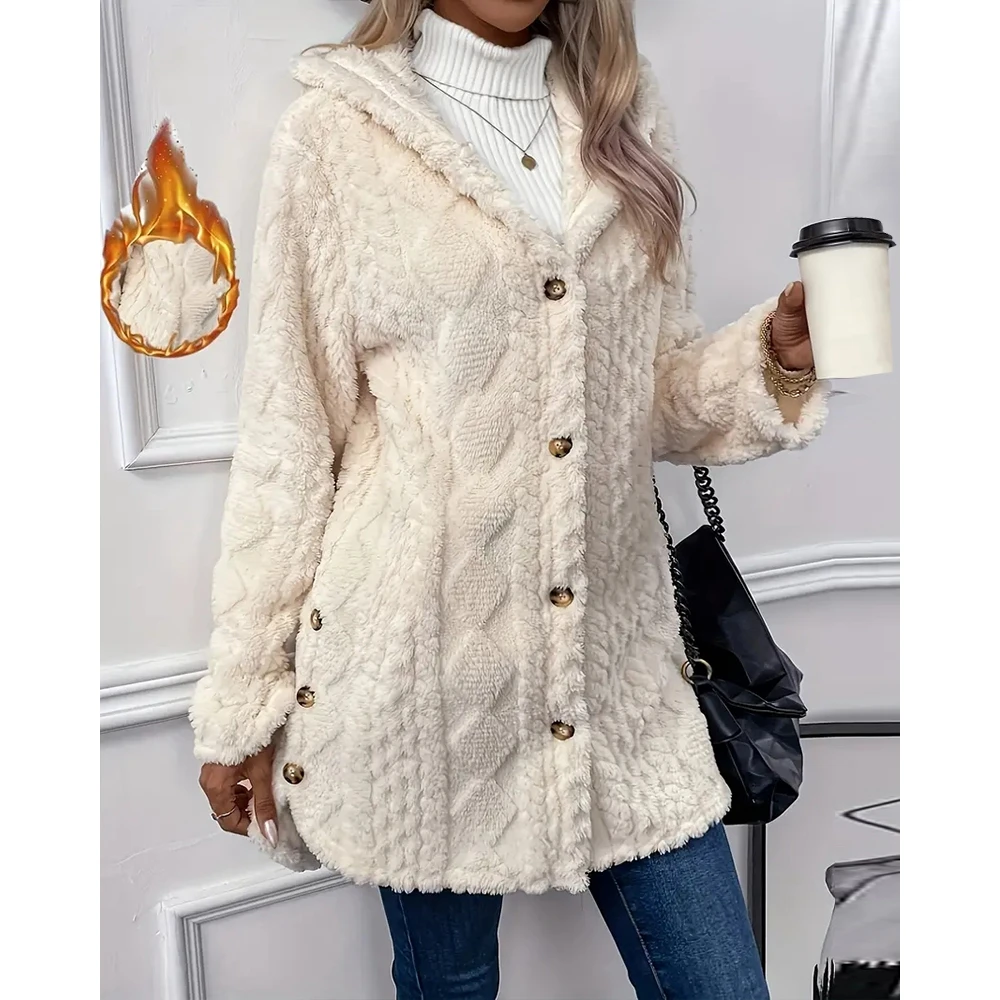 Argyle Textured Pattern Button Front Hooded Fleece Teddy Coat