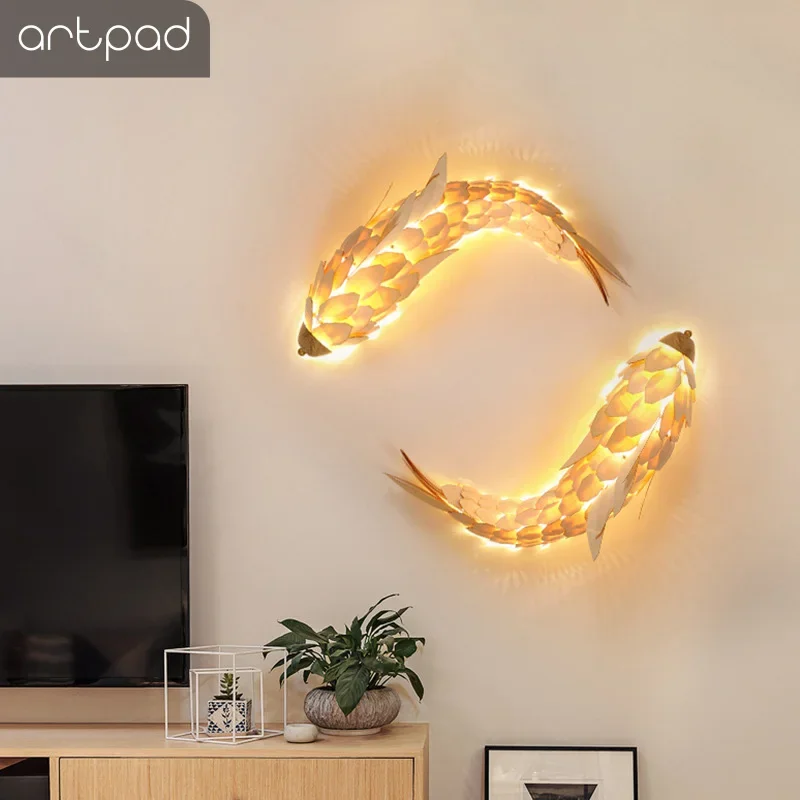 Creative Handmade Chinese Style Wood Fish Wall Lamp Shine LED 12W Living Room Bedside Stair Lighting Decor Lamp Wall Sconces