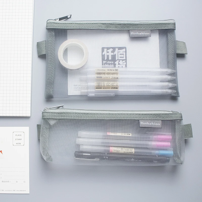 シンプルな透明メッシュペンシルケース,ペン収納,学生用ペンシルバッグ,大容量,文房具オーガナイザー,ポーチ,学用品