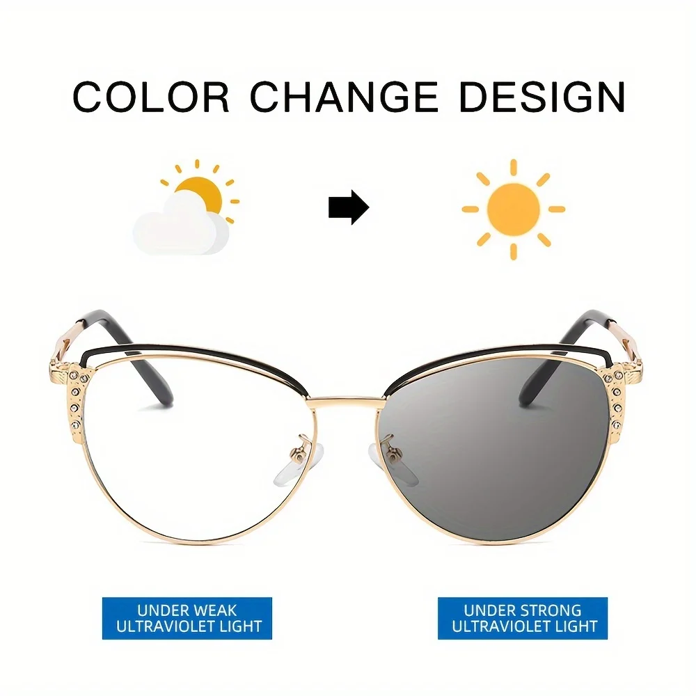 1pcs New INS style color changing anti blue light glasses, metal studded diamond cat eye frames, women's fashionable glasses