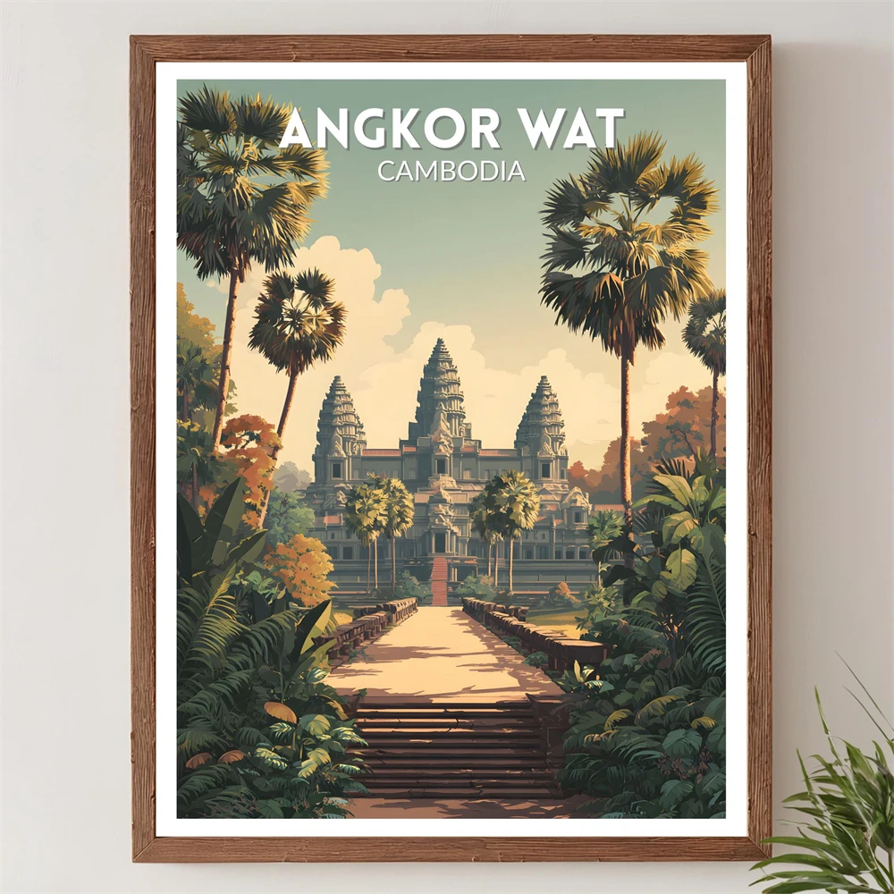 Póster de Viaje de Angkor Wat, Templo en la Selva de Camboya, Impresión Vintage Boho Tropical, Ilustración de Arte Mural, Impresión