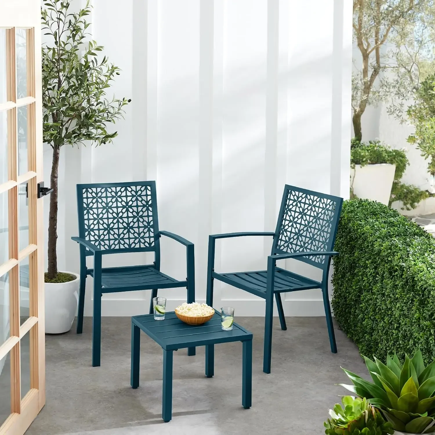 Stackable Modern Steel Furniture for Porch, Garden w/ 2 Chairs, Table, Geometric Decor - Peacock Blue