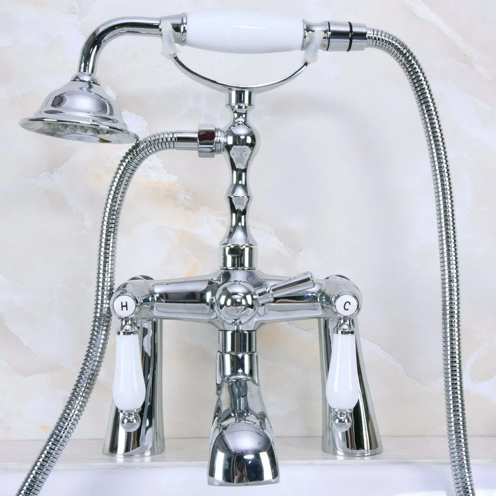 Polished Chrome Brass Clawfoot Bath Tub Faucet with Handshower - Deck Mount ana112