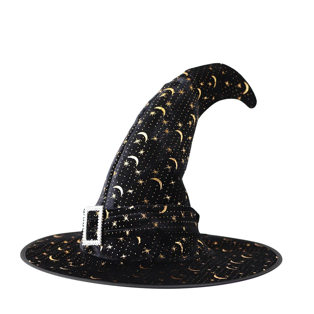 1 stücke Halloween Hexen hut für Frauen Männer Jungen Mädchen Band Stern Mond gedruckt Krempe Cosplay Kostüm Karneval Party Dekorationen