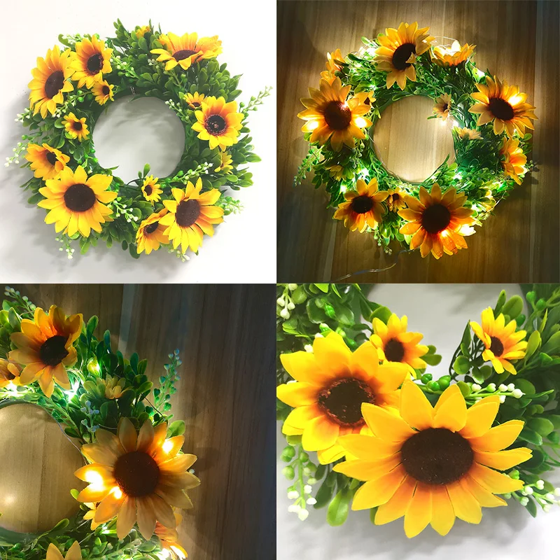 Artificial Sunflower Spring Summer Wreath with Lights for Home Party Thanksgiving Door Wreath Decor Wedding Favors Wreath