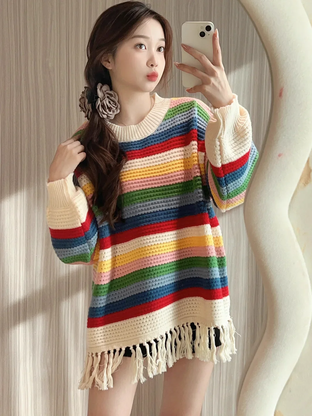 

Вязаный свитер с длинными рукавами и кисточками в радужную полоску для женщин, уникальный топ на осень и зиму для женщин