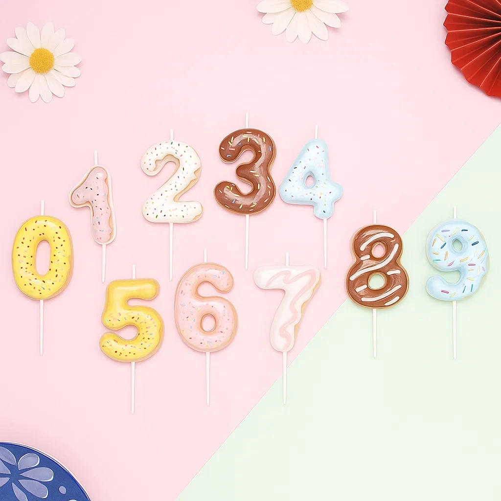 1PCS Nette Donut Digitale Kerzen Set 0-9 für Geburtstag Feier Kreative Backen Dekoration Plugins Dessert Kuchen Topper innen