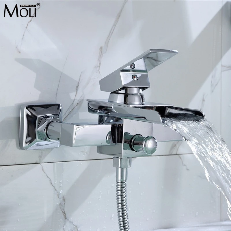 Wall Mounted Bathtub Faucet Bath Shower Set Faucets Chrome Tub Taps Square Waterfall Bathroom Mixer Tap Dual Contral  ML5034