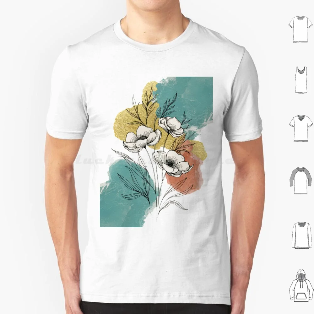 Minimalist Line Art T Shirt Men Women Kids 6xl Floral Flowers Foliage Flower Pattern Watercolor Teal Terracotta Pretty