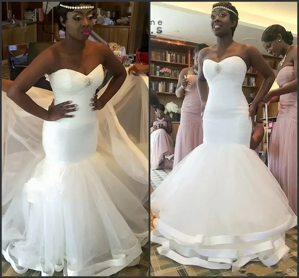 Customized Tiered Skirts Custom Made Wedding Gown Mermaid Bridal Dresses Strapless Lace Pearls Bride Dress For African Women