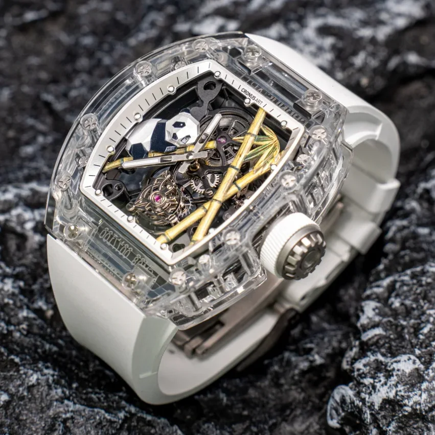 CRONUSART Men Tourbillon Watch Tonneau Mechanical Wristwatch Sapphire Case & Mirror FKM Strap Skeleton Panda Bamboo Dial
