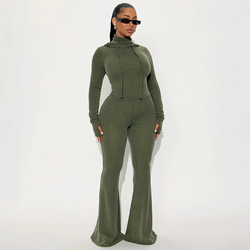 

Doyerl однотонный повседневный спортивный костюм, женская одежда, комплекты из двух предметов, спортивная толстовка с длинными рукавами и капюшоном для фитнеса, топ и брючный костюм-клеш