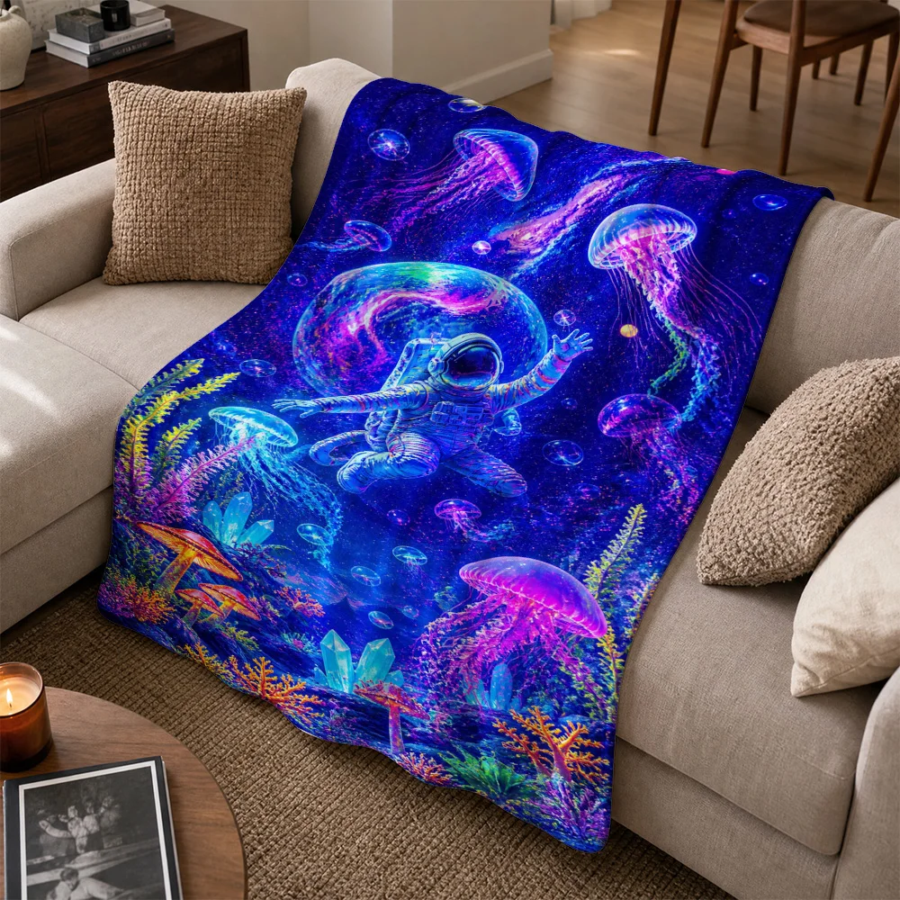 Blue Deep Sea Jellyfish Ocean Throw Blanket Sofa Cover Marine Life Coastal Decor Aesthetic Throw for Cozy Home Furniture