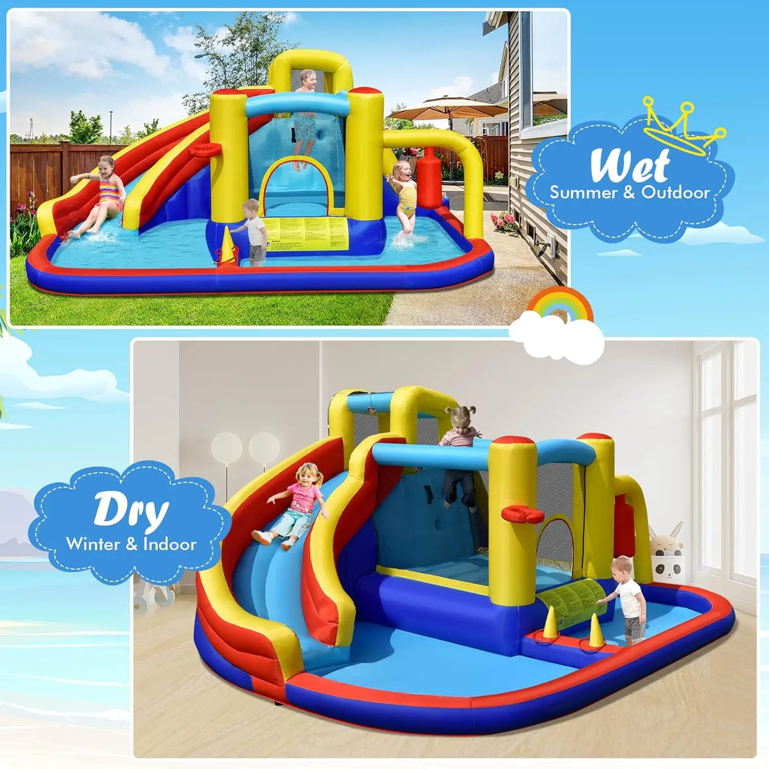 Nadmuchiwana zjeżdżalnia wodna, Mega woda Bounce House ze zjeżdżalnią Combo dla dzieci na podwórku zabawa na świeżym powietrzu w/735w dmuchawę, brodzik, dmuchanie