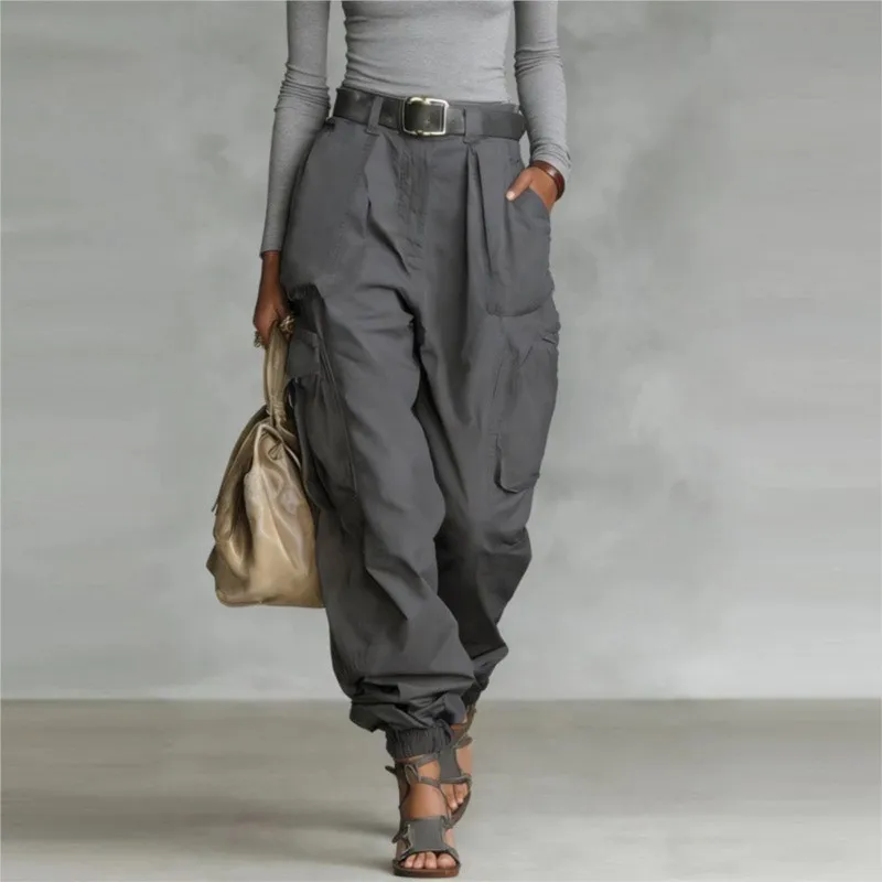 Vintage Women's Pants Casual Loose Multi Pocket Work Pants Vacation Solid Sports Pants Temperament with Ankle Cuffs Sweatshirt