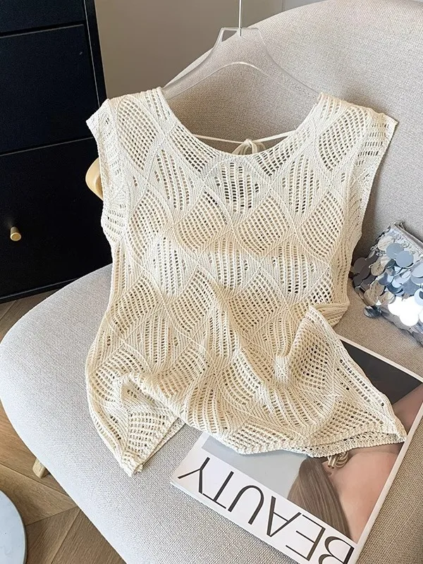 Gilet tricoté en soie glacée pour femmes, ajouré, grande taille, vêtements d'extérieur amples, haut Svel, coréen, été