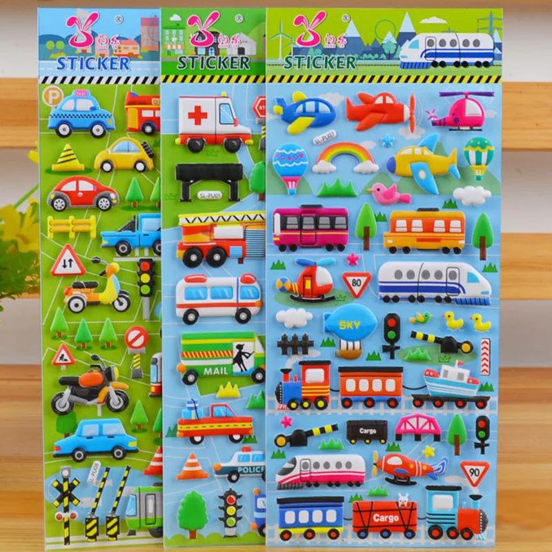 6 Sheets 3D Bubble Sticker Car Truck Plane Traffic Waterproof Cartoon Anime Stickers For Girl Boy Kids Funny Educational Toys