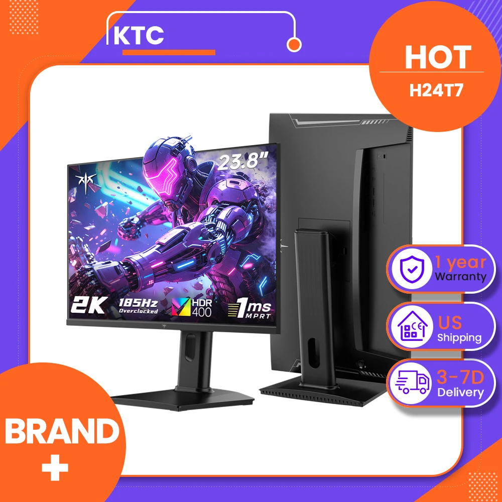 KTC H24T7 23.8' QHD Fast IPS Gaming Monitor Features 185Hz OC Refresh Rate, 1ms MPRT, HDR400, 400 Nits Brightness, Supports FreeSync & G-Sync Compatible, Low Blue Light, Height Adjustment, Pivot, VESA Mount, HDMI 2.0 and DP 1.4 Connectivity