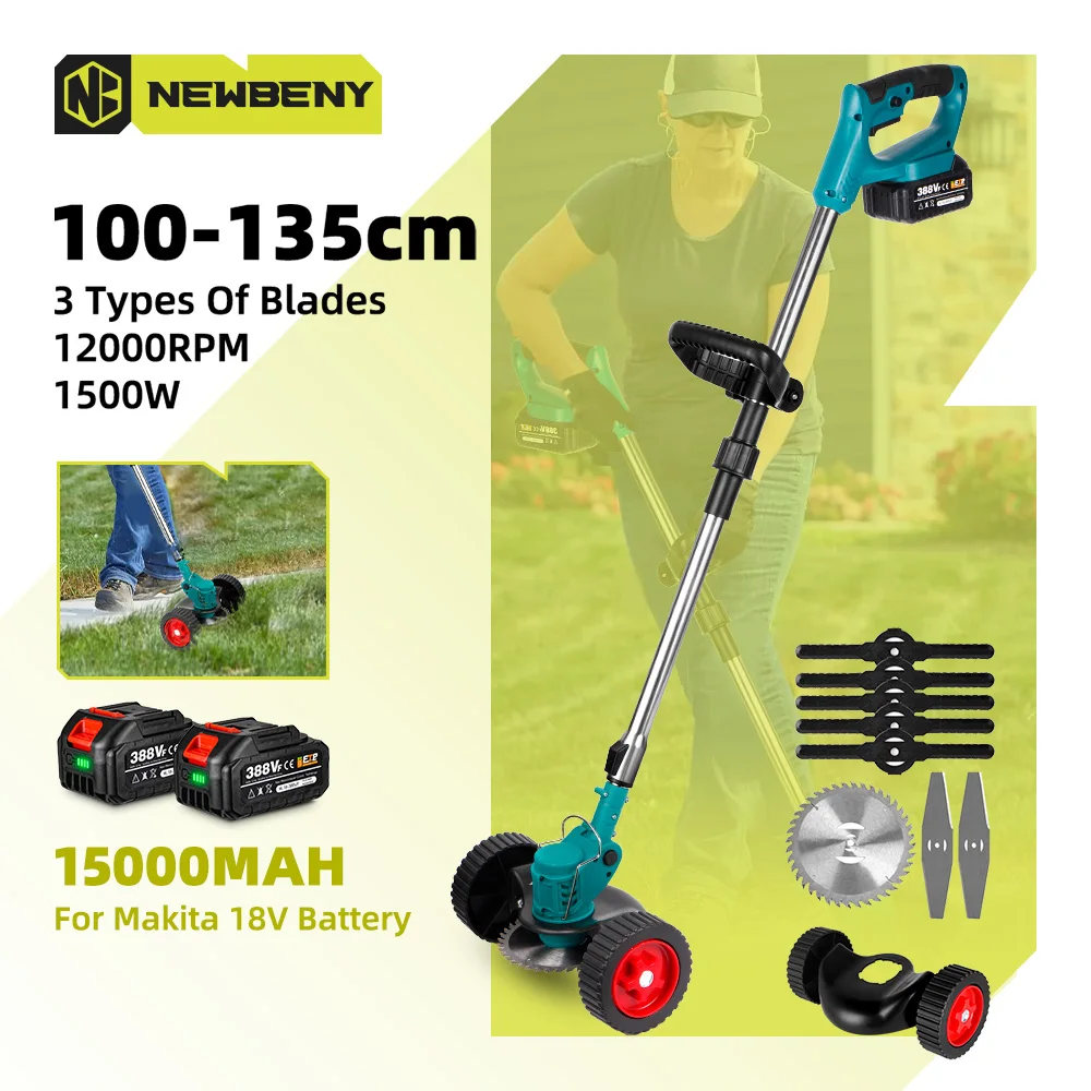 NEWBENY 1500W Electric Lawn Mower 12000RPM Rechargeable Foldable Grass String Trimmer Garden Cutter Tool For Makita 18V Battery