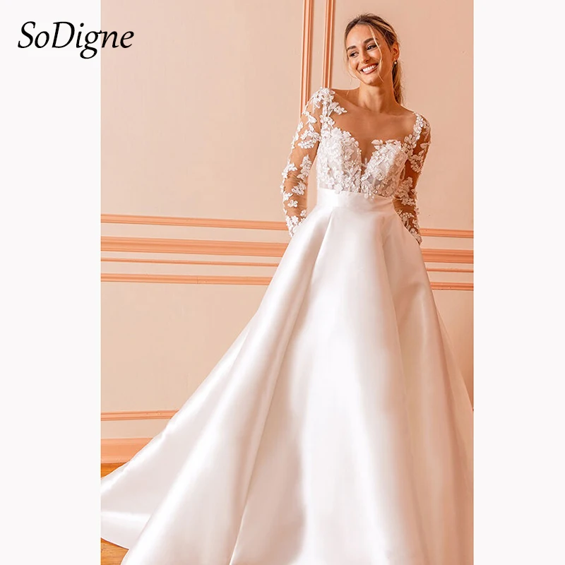 

SoDigne Simple Satin Wedding Dresses A-line O-neck Appliques Full Sleeves Bridal Dress 2024 Long Bride Gown vestidos de novia