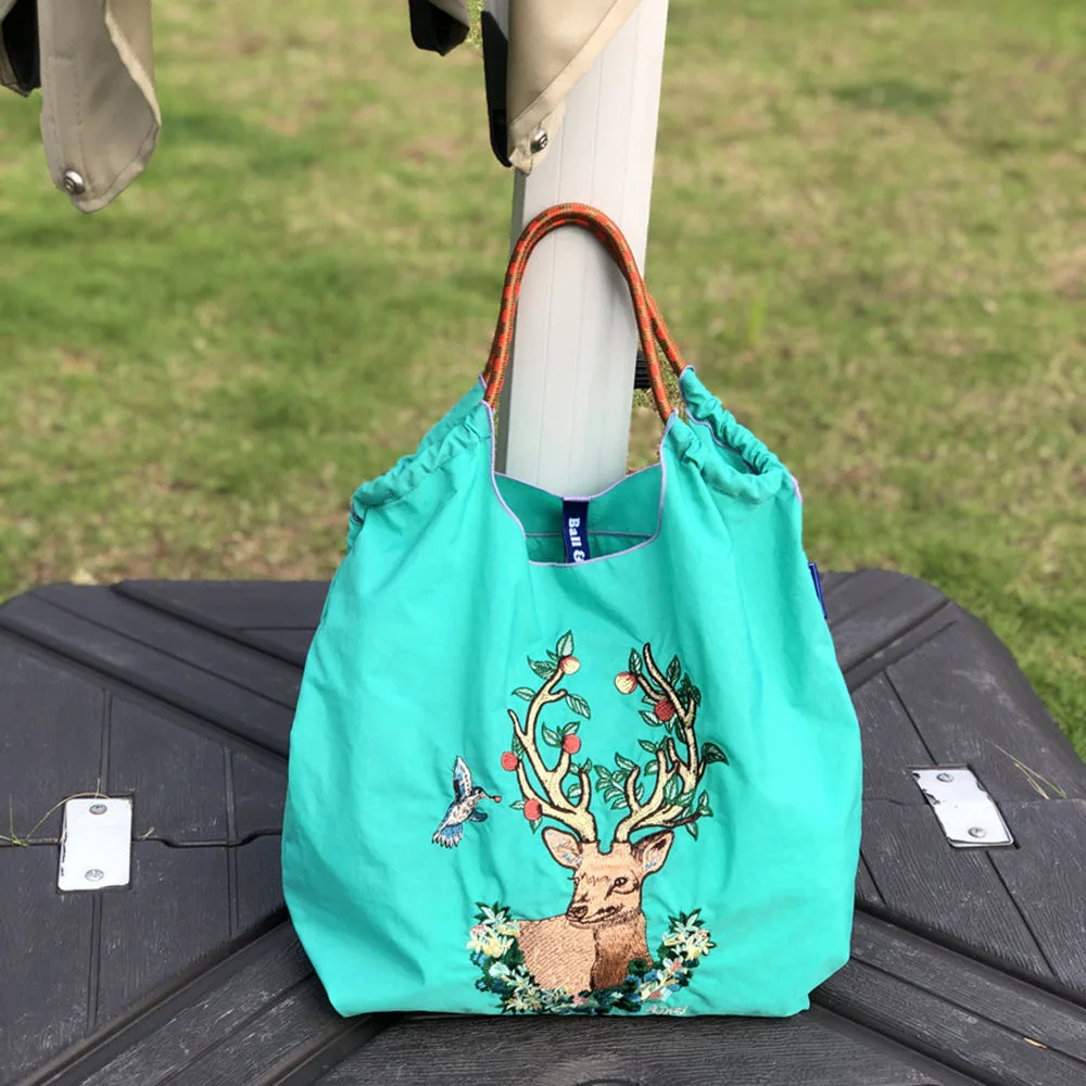 New Elk Embroidery Eco Bag Designer Women Shoulder Bags Large Rope Handle Handbags Nylon Shopper Purses Drawstring Tote Bag Chic