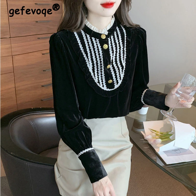 

Autumn Winter Women Korean Fashion Vintage Gold Velvet Thick Blouses Female Stand Collar Ruffled Shirts Long Sleeve Elegant Tops