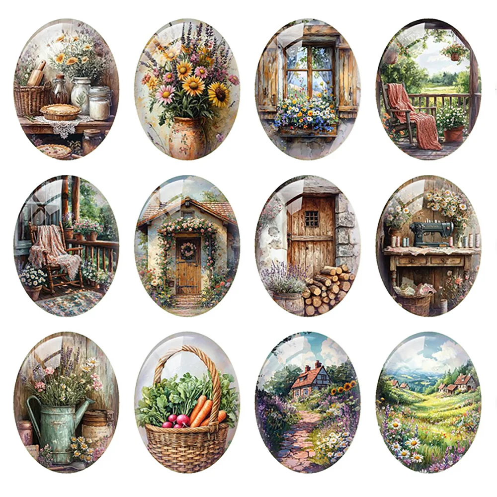 

10pcs/lot Countryside FLower Plants Spring Summer Fall Autumn Oval Photo Glass Cabochon Flatback Demo Cameo Diy Jewelry Making