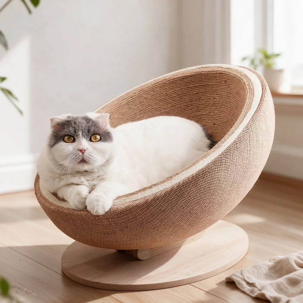 Cat Scratcher Bowl Bed Sisal Rope Woven Cat Scratching Post Egg Shape with Sturdy Wood Base Durable No Shedding for Indoor Cats
