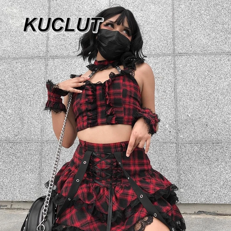 

Punk Plaid Set Sweet and Cute Y2k Design Sense Splicing Lace Sling Vest Strap Skirt Two-piece Sets for Women Summer 2025 New