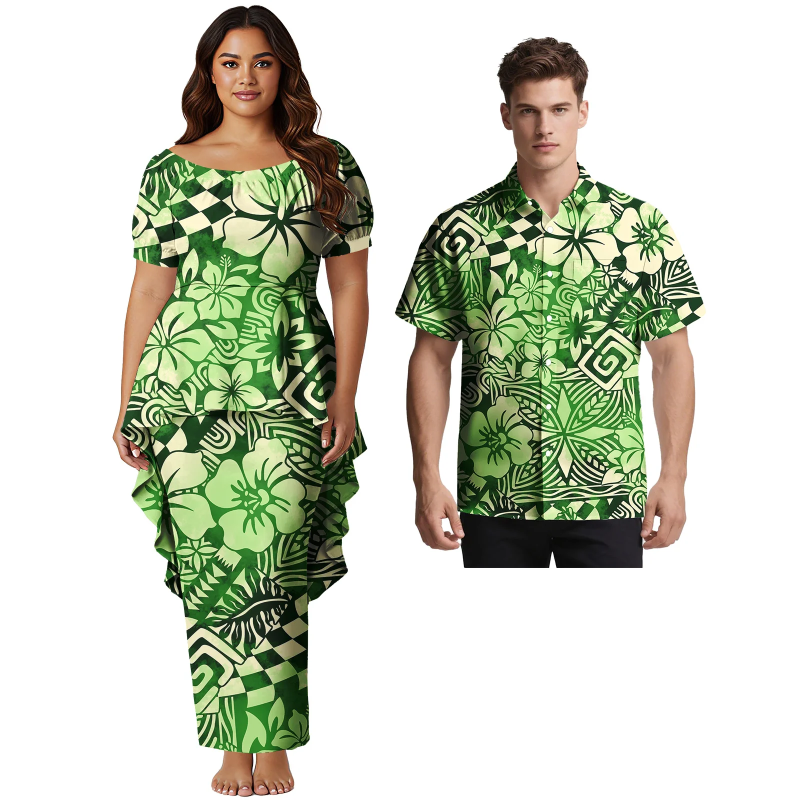 Hawaii Custom Logo His-and-Hers Clothes Church Style Ladies 2pcs Long Dress Men Short Sleeve Shirt Samoan Polynesian Couple Suit