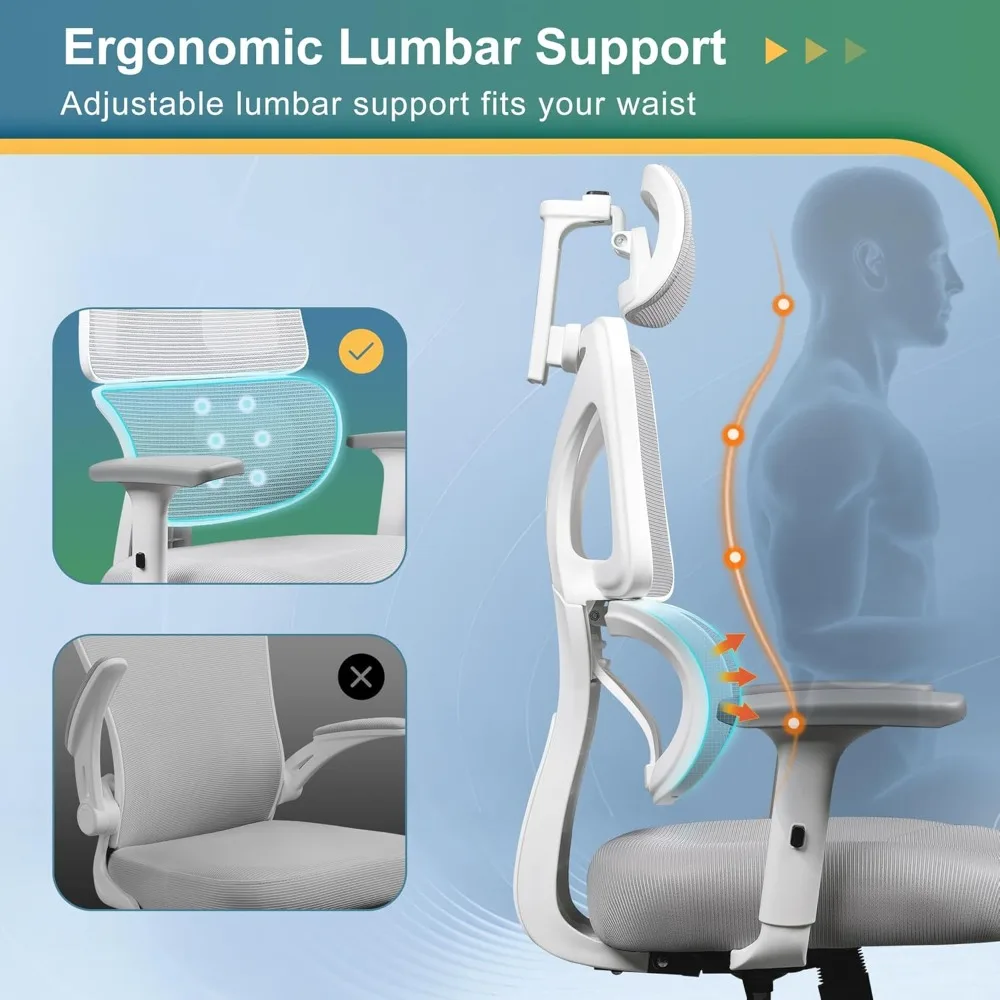 Office Chair Big and Tall Reclining Ergonomic Desk Chair for Long Hours, Comfy Breathable Mesh, Adjustable Armrests