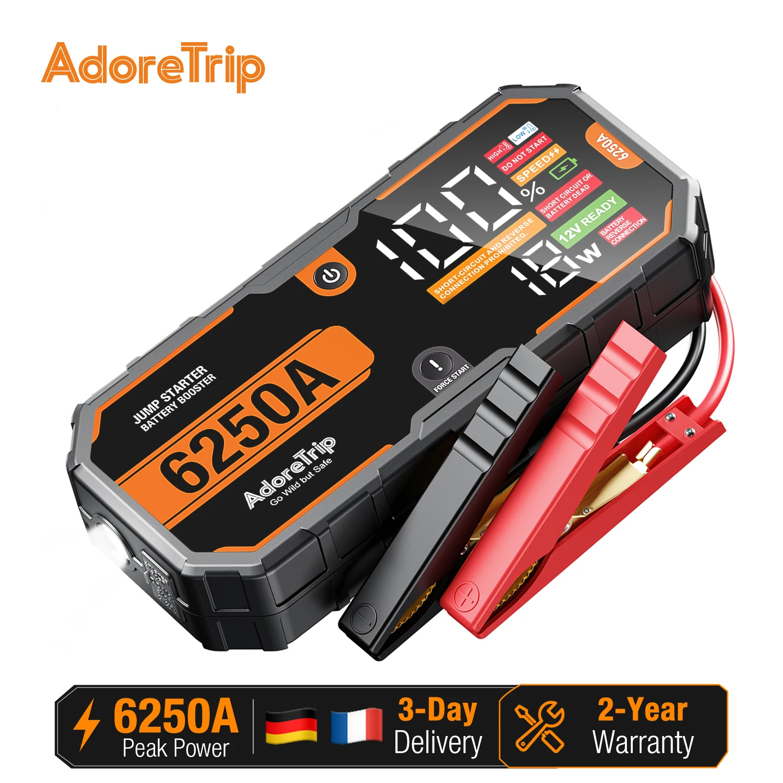 Image of AdoreTrip 6250A Tragbarer 12V Starthilfe-Booster 24000mAh Powerbank Auto-Batterie-Booster für 12L Benzin 6.5L Diesel Pickups SUV Offroad 4x4
