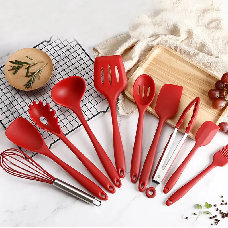 Juego de utensilios de cocina de silicona, 10 piezas, herramientas para hornear, vajilla, pala, cuchara, raspador, accesorios de cocina