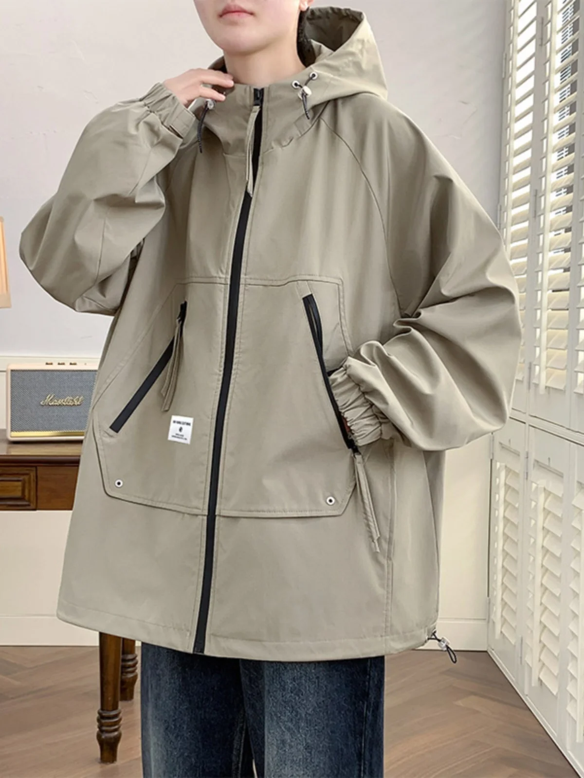 

Large Size Spring Autumn Casual Men's Jaet Loose Versatile Trendy Windproof Hooded Outerwear Polyester Nylon Cosite Fiber