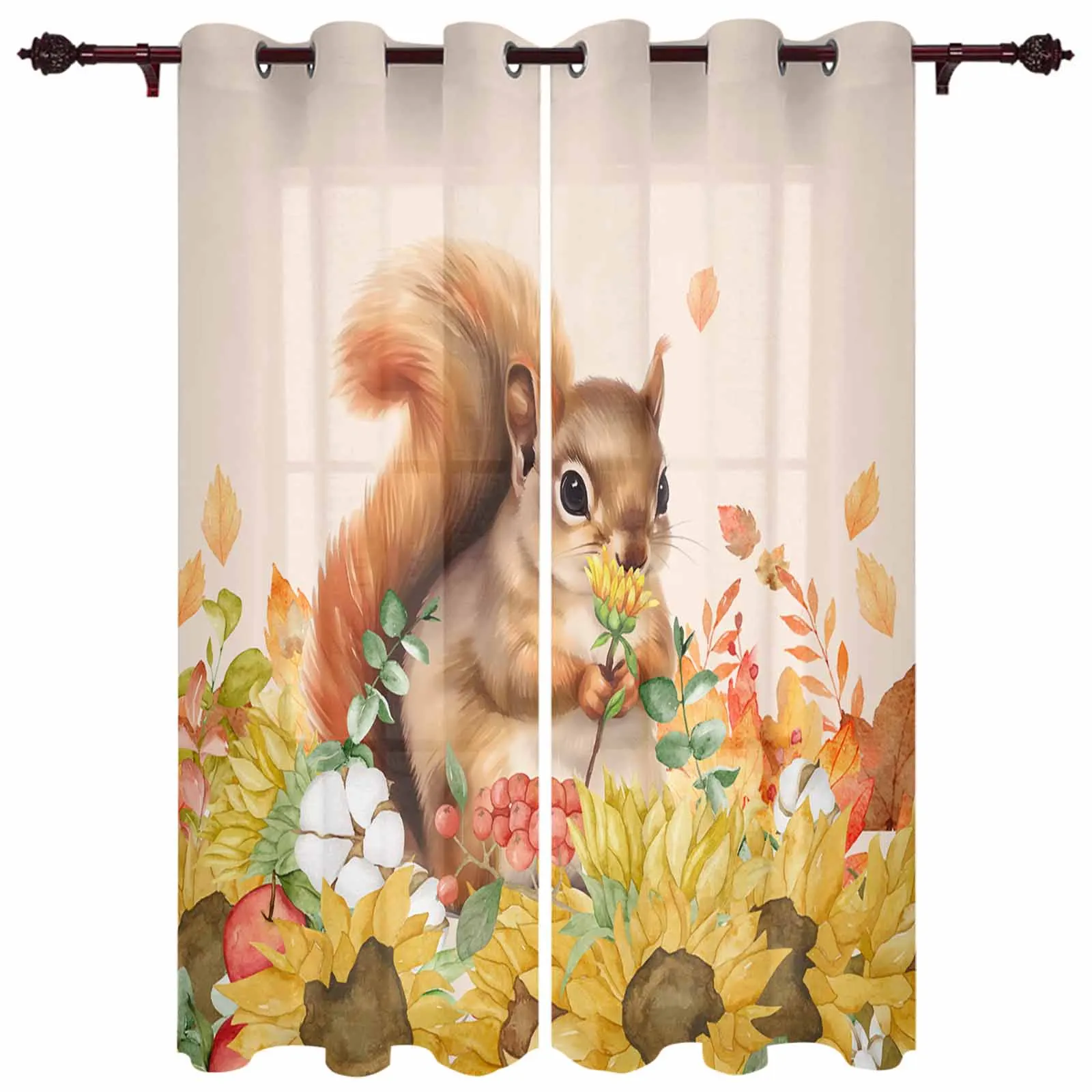 Autumn Watercolor Squirrel Sunflower Modern Window Curtains for Living Room Bedroom Curtain Kitchen Treatment Blinds Drapes