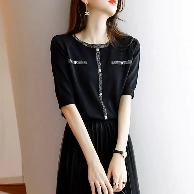 Short-sleeved T-shirt for Women with High-end Ice Silk Top Covering Belly Versatile and Fashionable Temperament Knitted Sweater