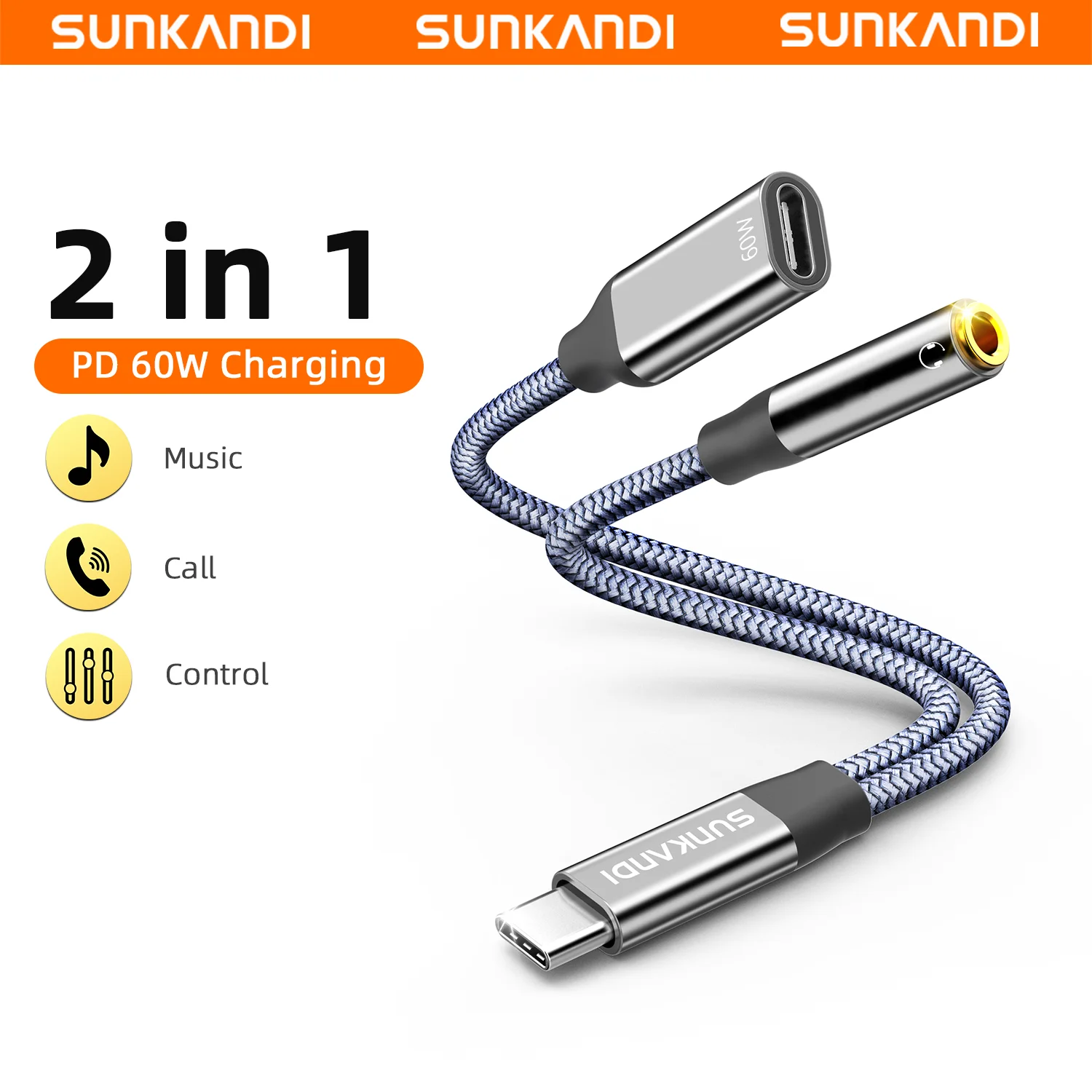 SUNKANDI 60W Adapter USB C to 3.5mm + TypeC/ Dual TypeC Ports Headphone Jack Audio Adapter for iPhone 16 Headphone Jack Adapter