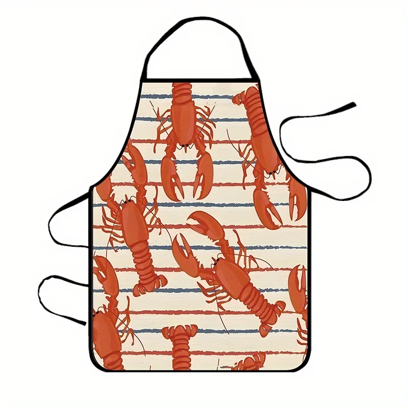 Cartoon Red Lobster Striped Seafood Pattern Waterproof Apron For Family Baking Grilling Seafood Lover Coastal Party Present