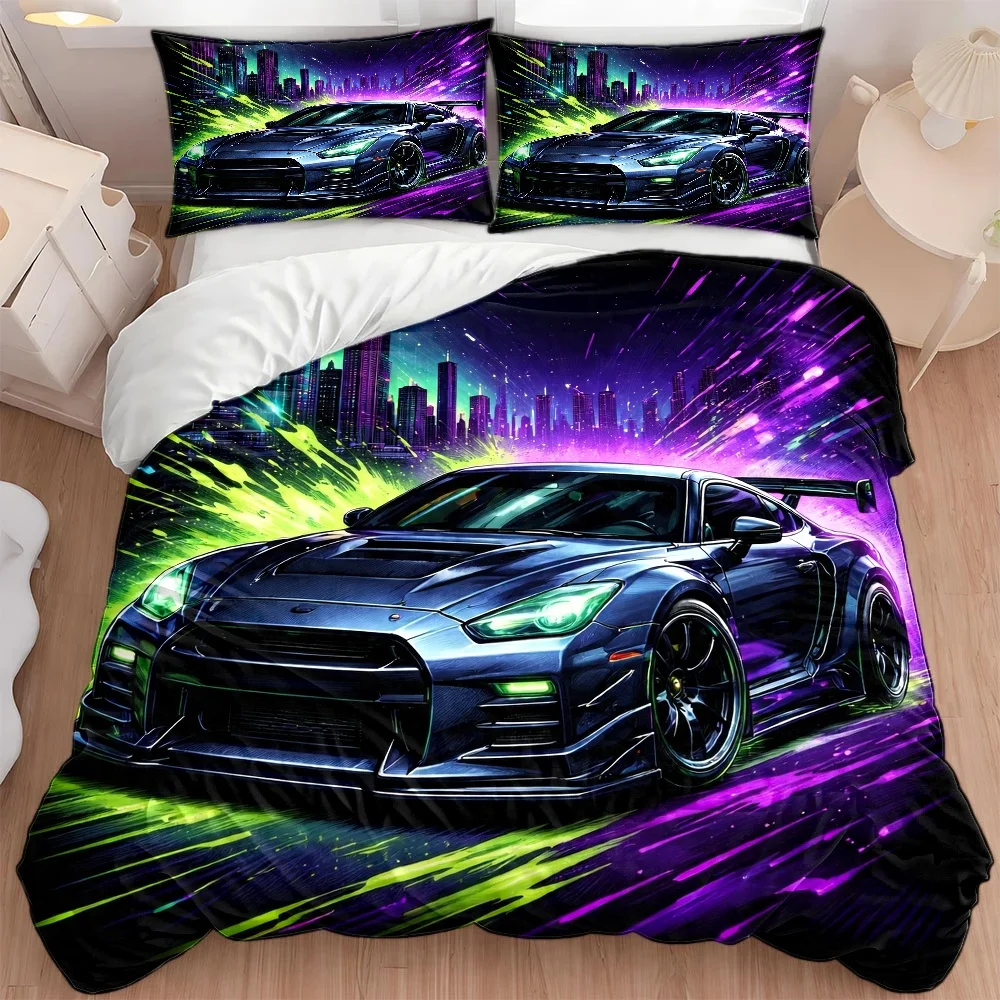 Cyberpunk Supercar Theme Bedding Set (1*Duvet Cover + 2*Pillowcases), Pink Halloween Decoration Comforter Sets Quilt Cover Bedding Set Breathable Polyester Invisible Zipper Machine Wash