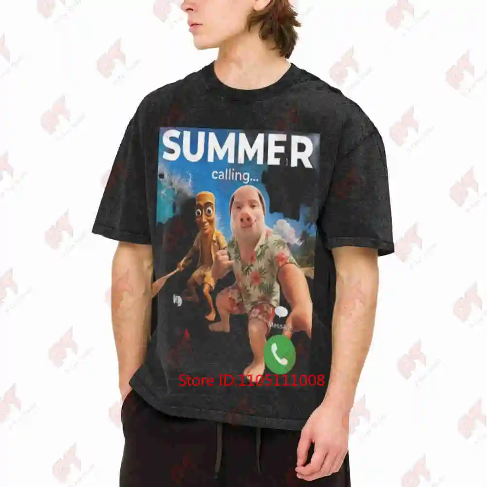 Summer Vacation Bros Selfie John Pork Tung Sahur Trip Vintage Washed Tee Pure Cotton T-Shirt