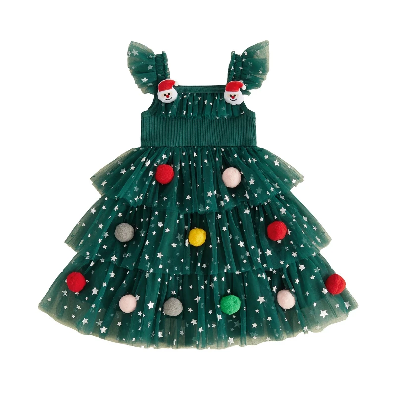 Green Christmas Tree Tulle Baby Romper Dress Santa Claus Costume Newborn Infant Toddler Holiday Party Outfit Clothes
