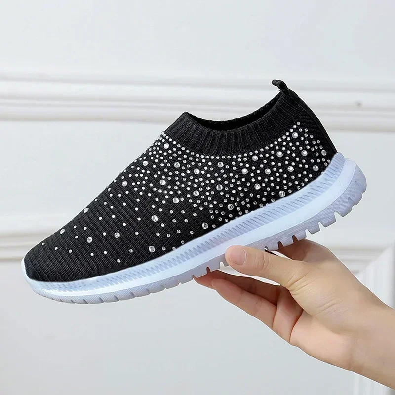 Women's Mesh Walking Shoes Rhinestone Glitter Slip on Ballroom Jazz Latin Dance Sock Sneakers Tennis Female Knitted Running Shoe