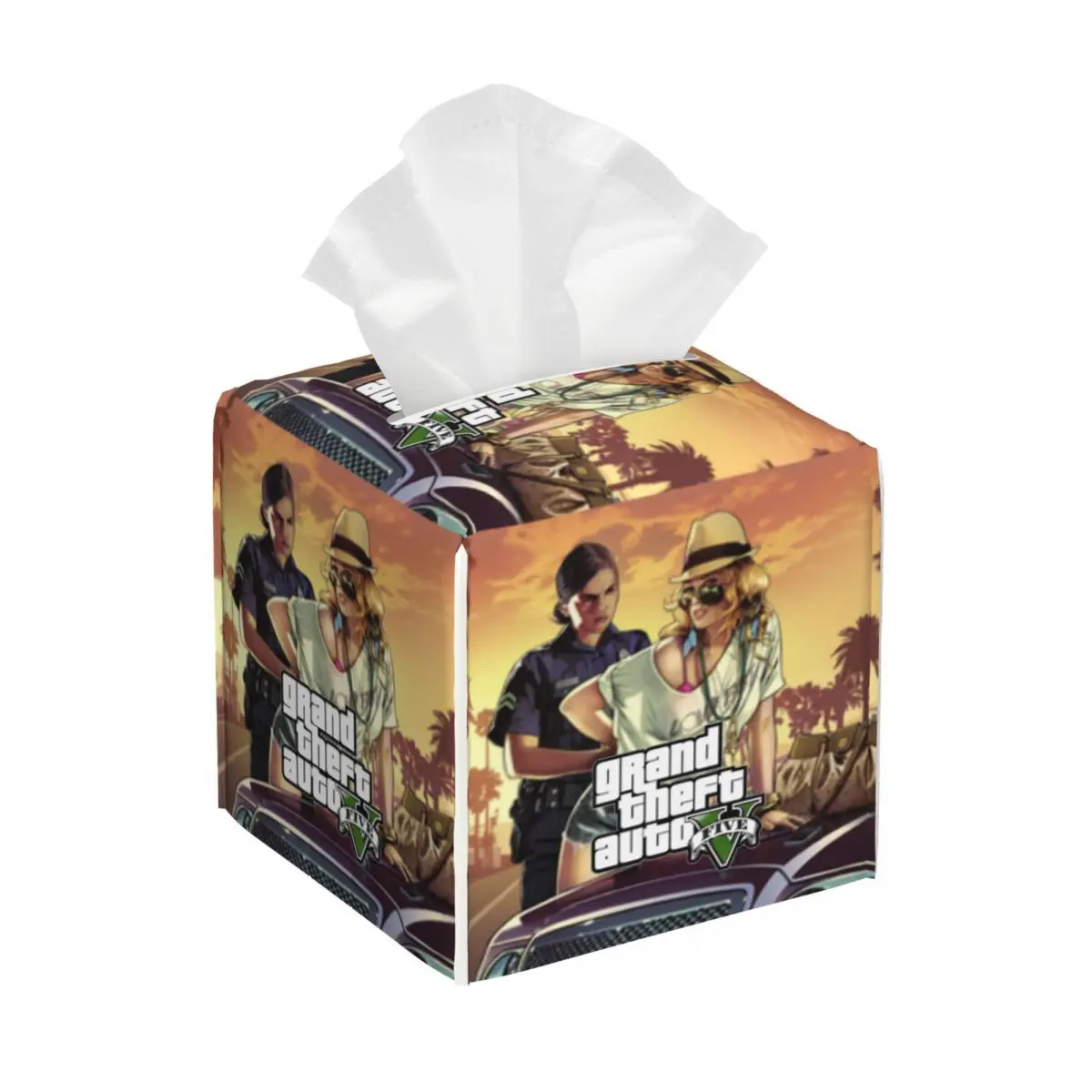 Custom Adventure Game Tissue Box Holder Square GTA Adventure Game PU Leather Facial Tissue Box Cover for Car Home