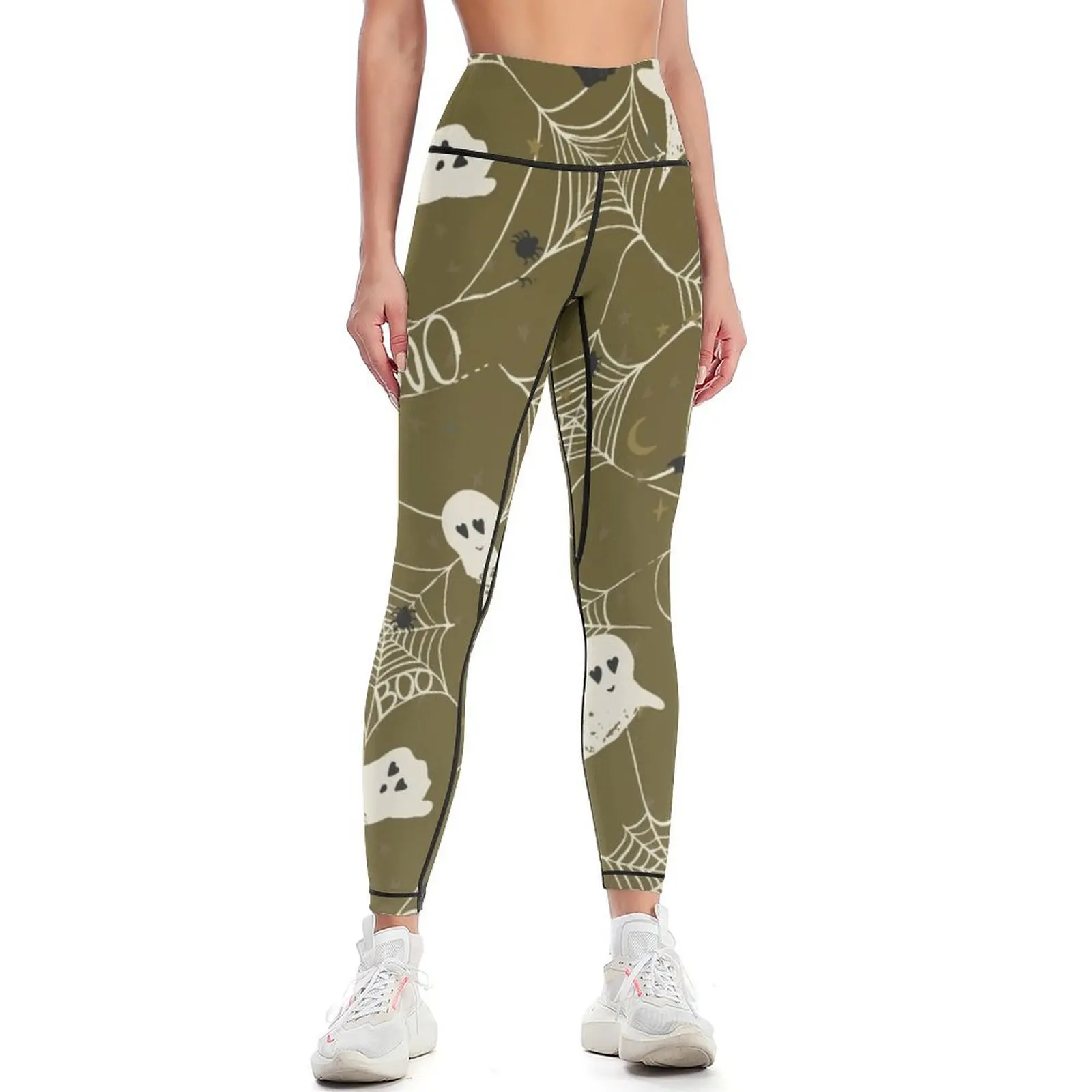 Halloween Spooky Cute Ghosts and Bats in Khaki Olive Green Leggings Women's tights Sports female Womens Leggings