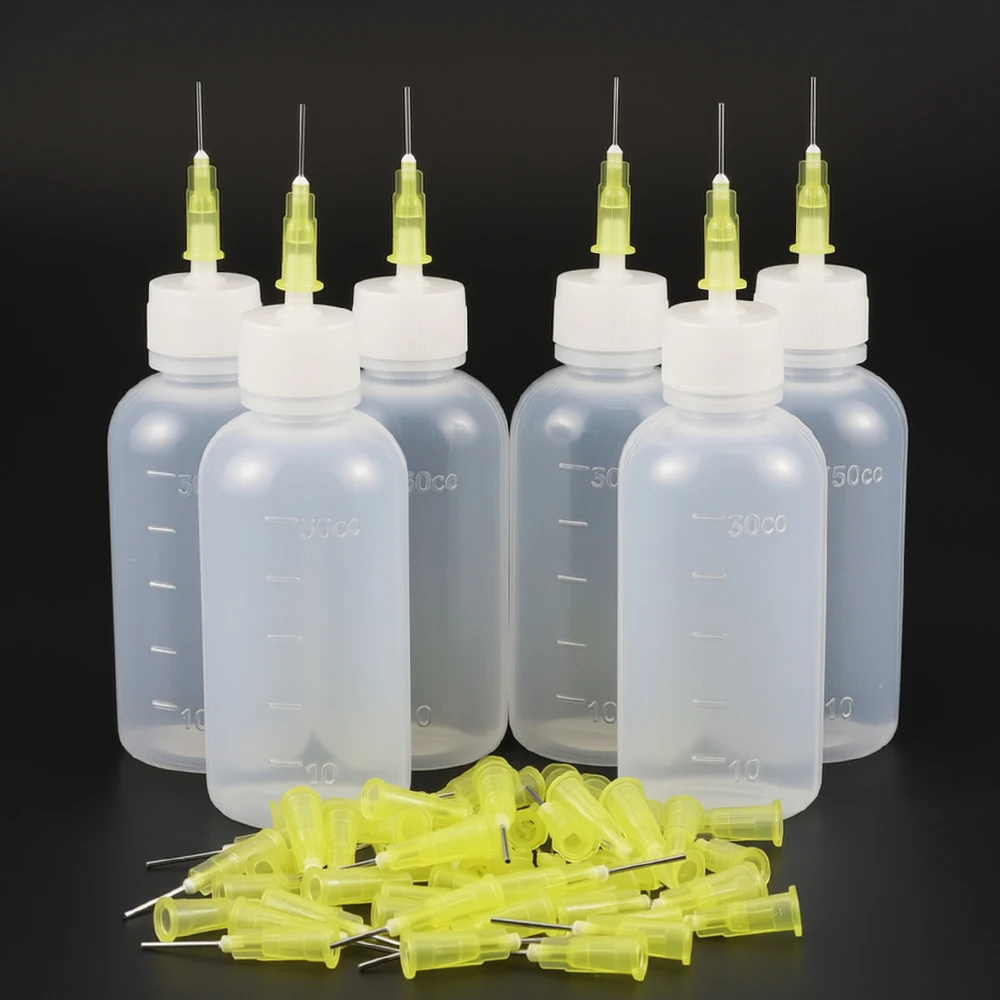 6pcs 50ml Transparent Glue Bottle Squeezable Applicator Plastic Liquid Bottle with 50pcs Dispensing Needle Suitable for Glue DIY